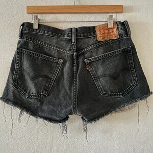 Levi's 505 Red Tab Black Denim Distressed Cutoff High Rise Shorts